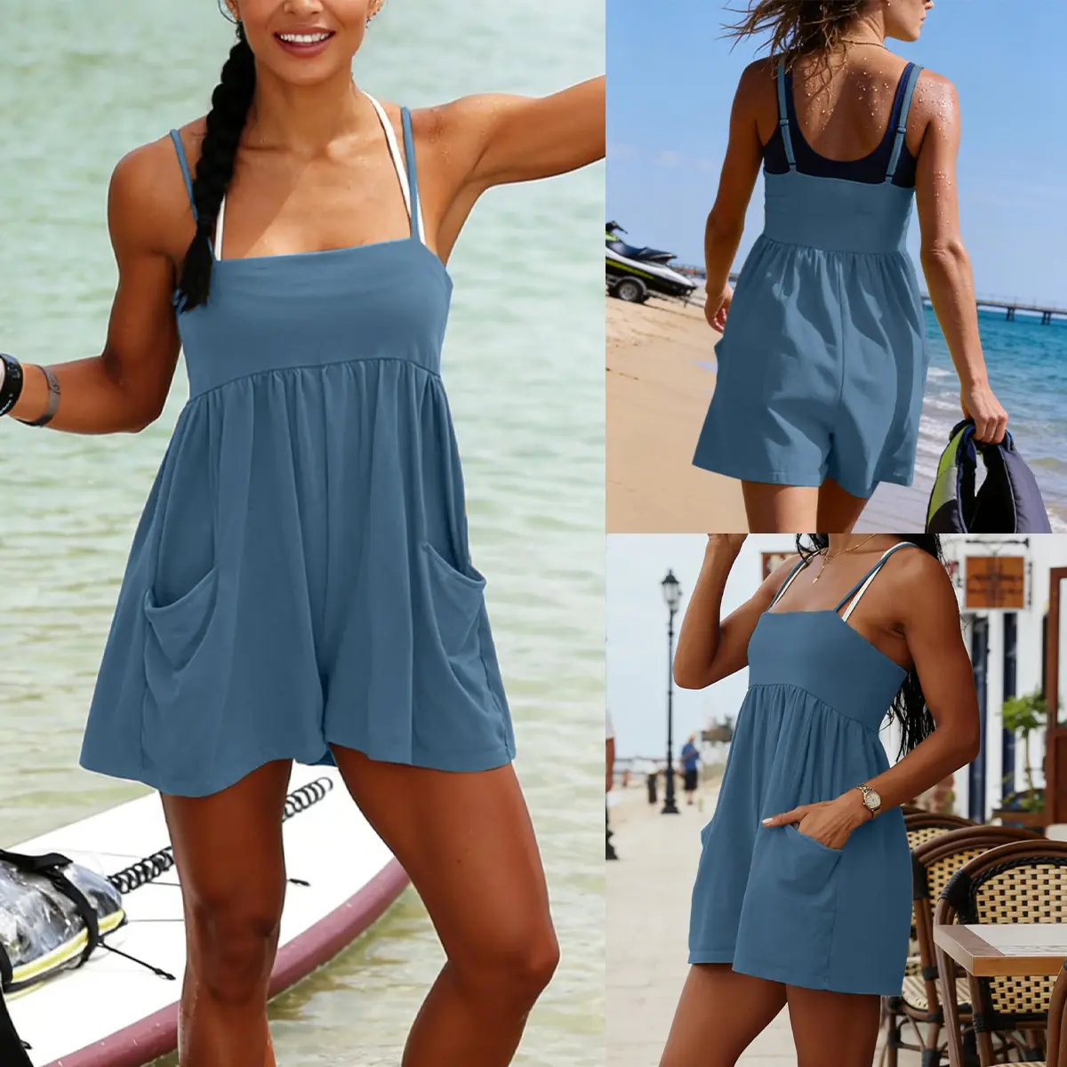 Women's Summer Cotton Strappy Romper | Casual Sleeveless Shorts Jumpsuit with Pockets