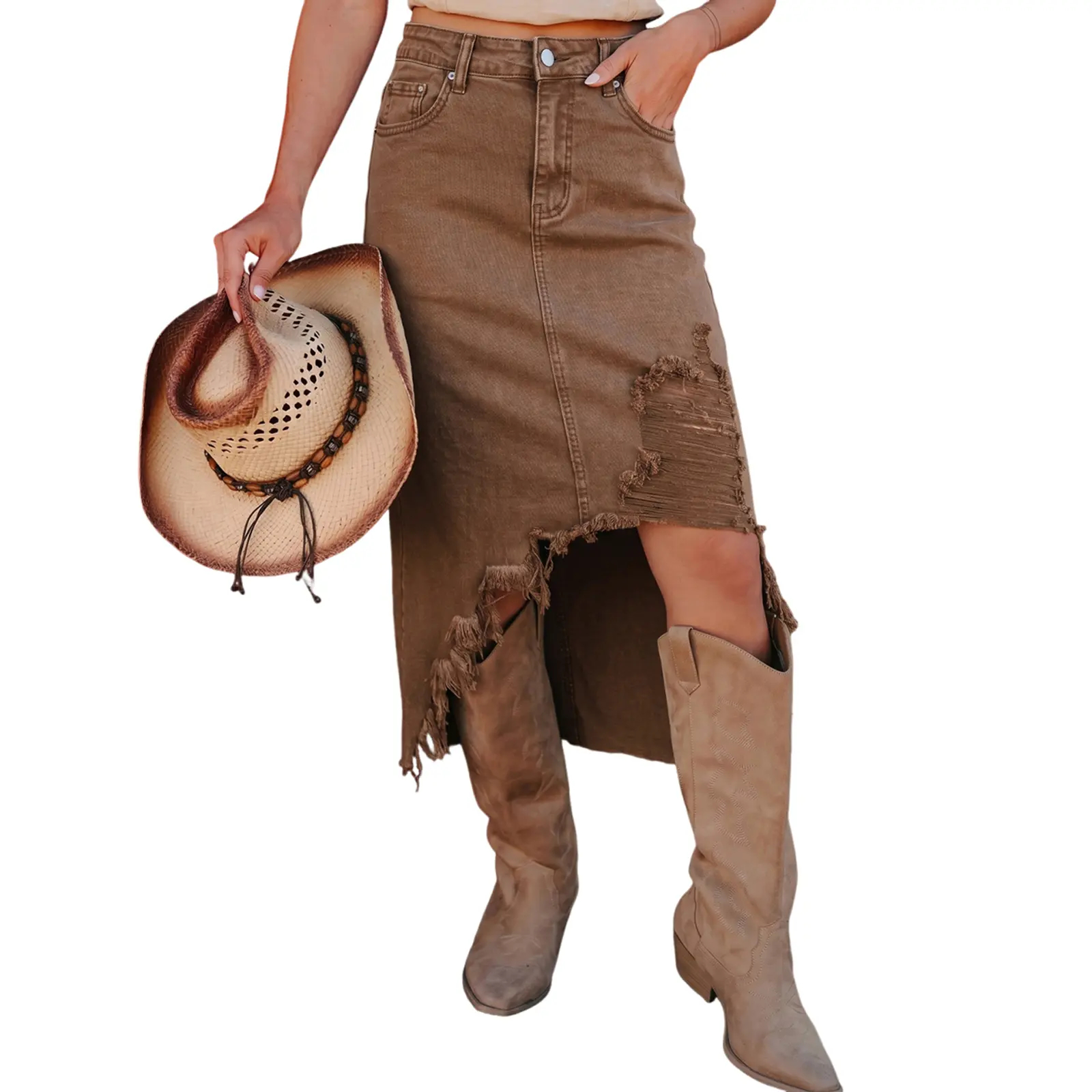 Women's High Waist Cowboy Denim Skirt, Casual Soft Cotton Midi with Asymmetrical Slit and Ripped Frayed Hem