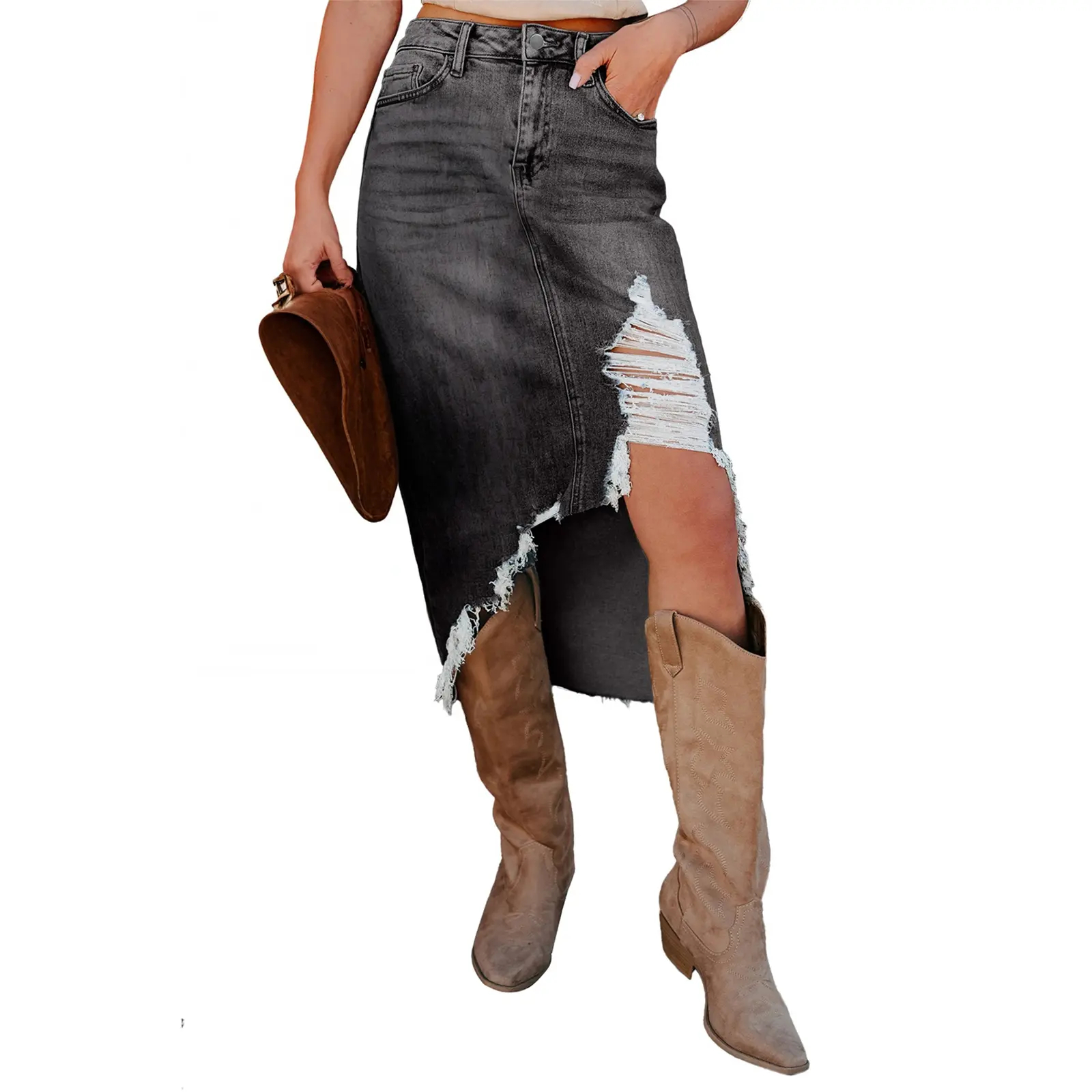 Women's High Waist Cowboy Denim Skirt, Casual Soft Cotton Midi with Asymmetrical Slit and Ripped Frayed Hem