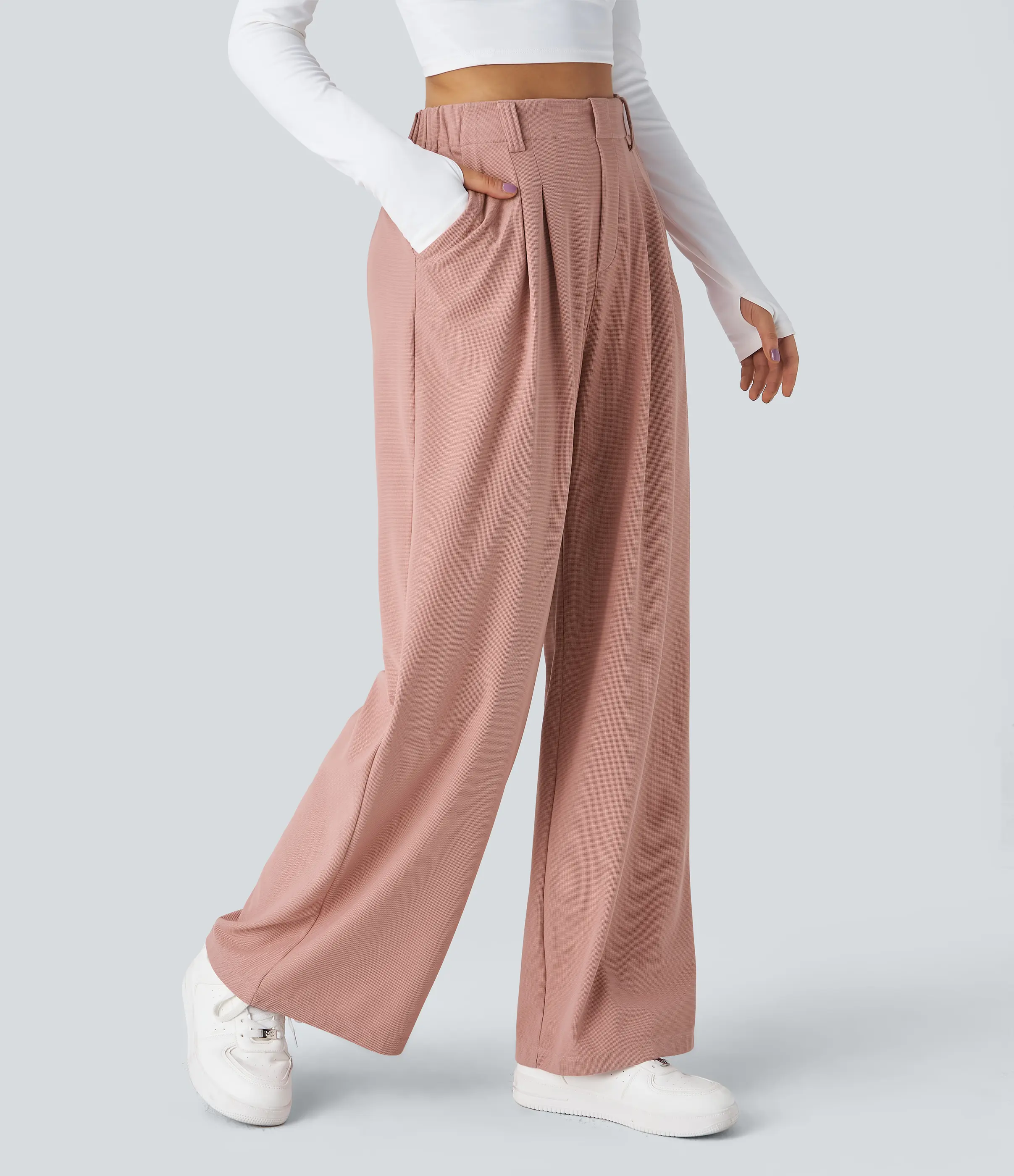 High Waisted Pocket Wide Leg Waffle Work Pants