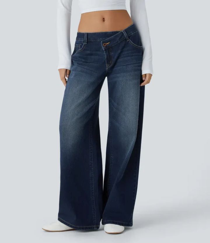Trendy asymmetric wide-leg jeans designed for comfort, freedom, and lasting wear