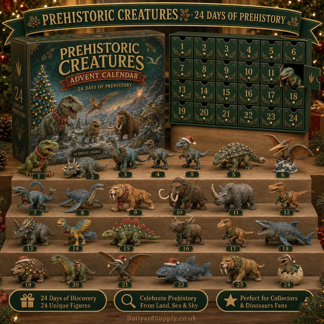 🦖24 Days of Dinosaur Christmas Advent Calendar – 24 Collectible Dino Figurines Holiday Surprises