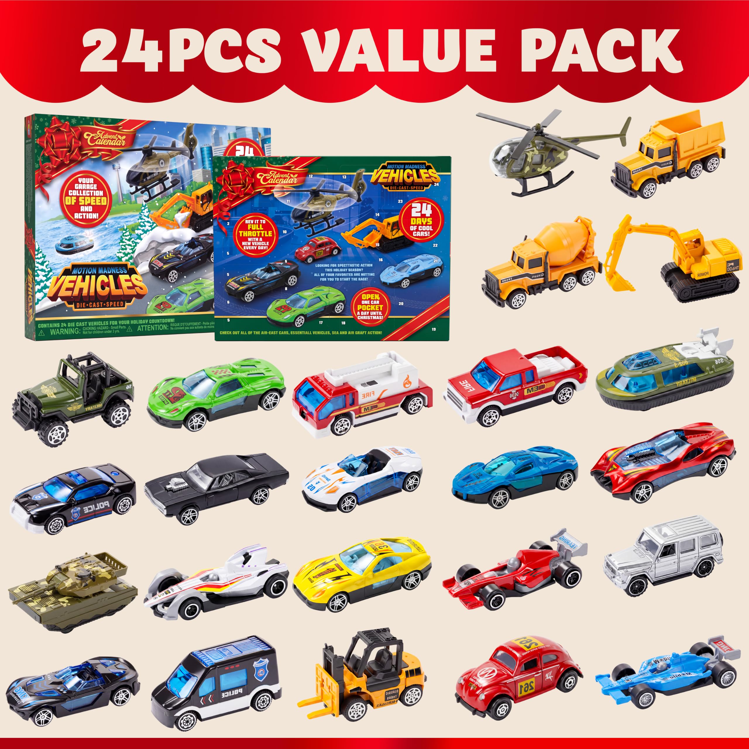 2026 Die-Cast Car Advent Calendar – 24-Day Christmas Countdown Vehicle Set for Kids