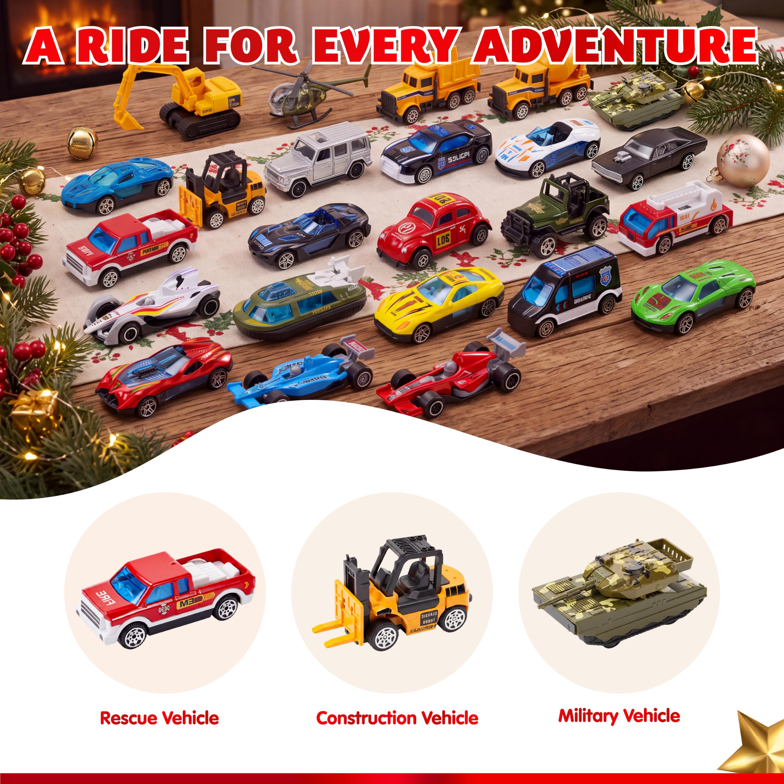 2026 Die-Cast Car Advent Calendar – 24-Day Christmas Countdown Vehicle Set for Kids
