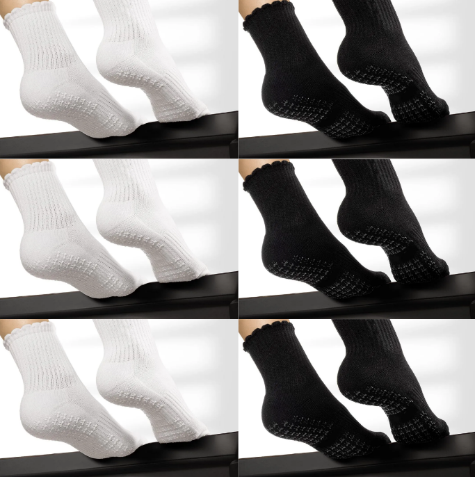 Pilates Socks Standard Grip Socks - 6 Pairs Of Mixed Styles - White & Black