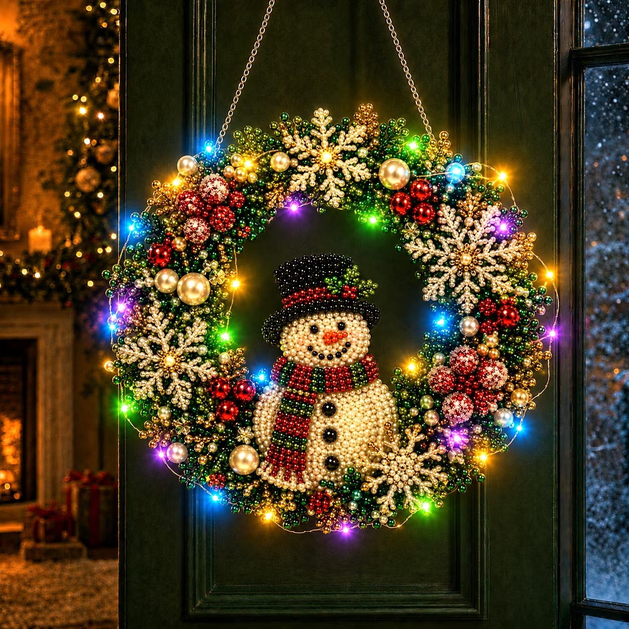 ❄️DIY Snowman Wreath Kit✨LED Pearl Diamond Painting Pendant, Single-Sided