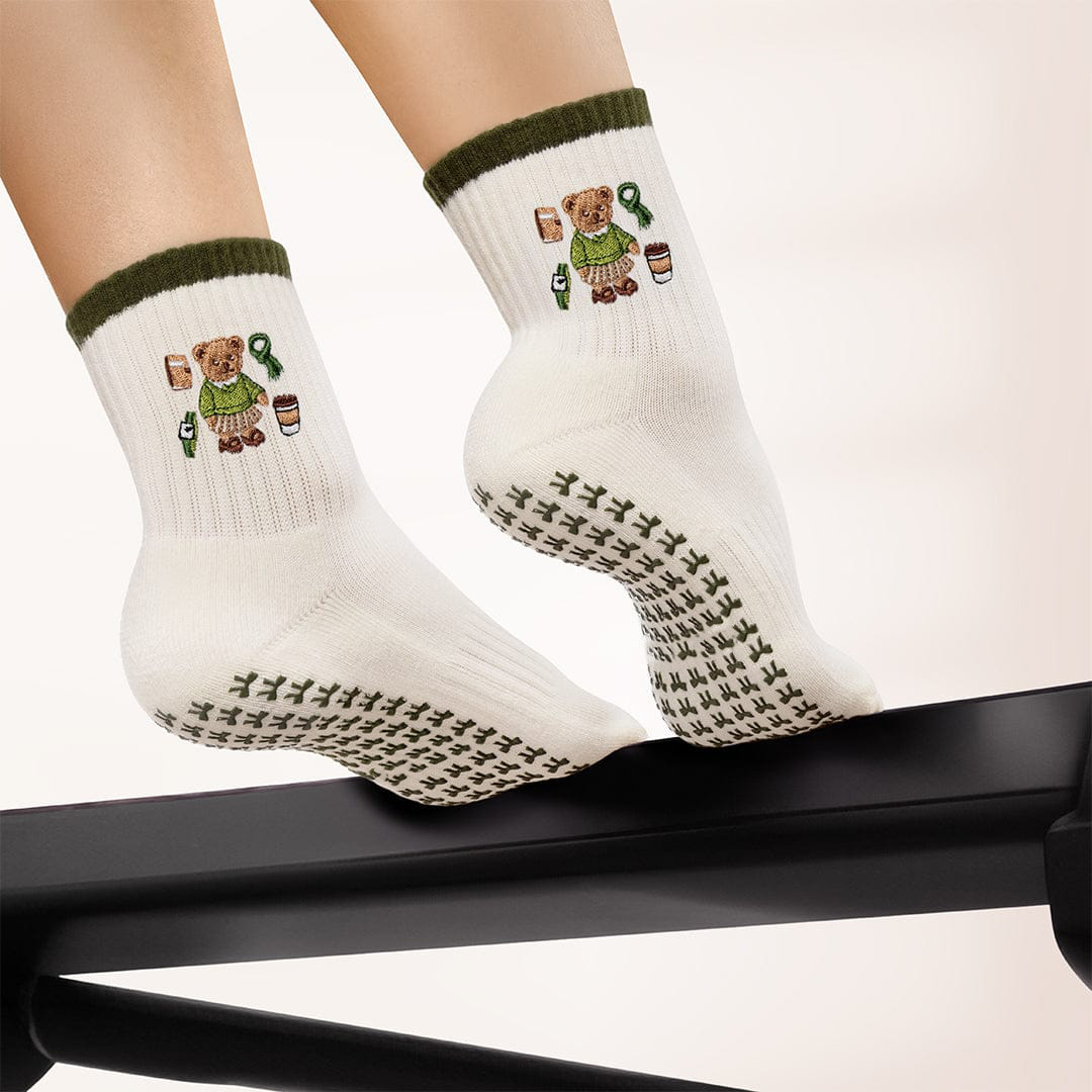 Pilates Socks Standard Grip Socks - Beary Matcha