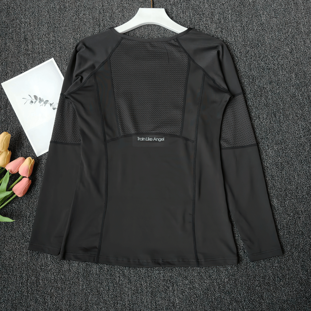 Mesh-panel quick-drying yoga top with full sleeves and a stylish fit for fitness and yoga workouts.