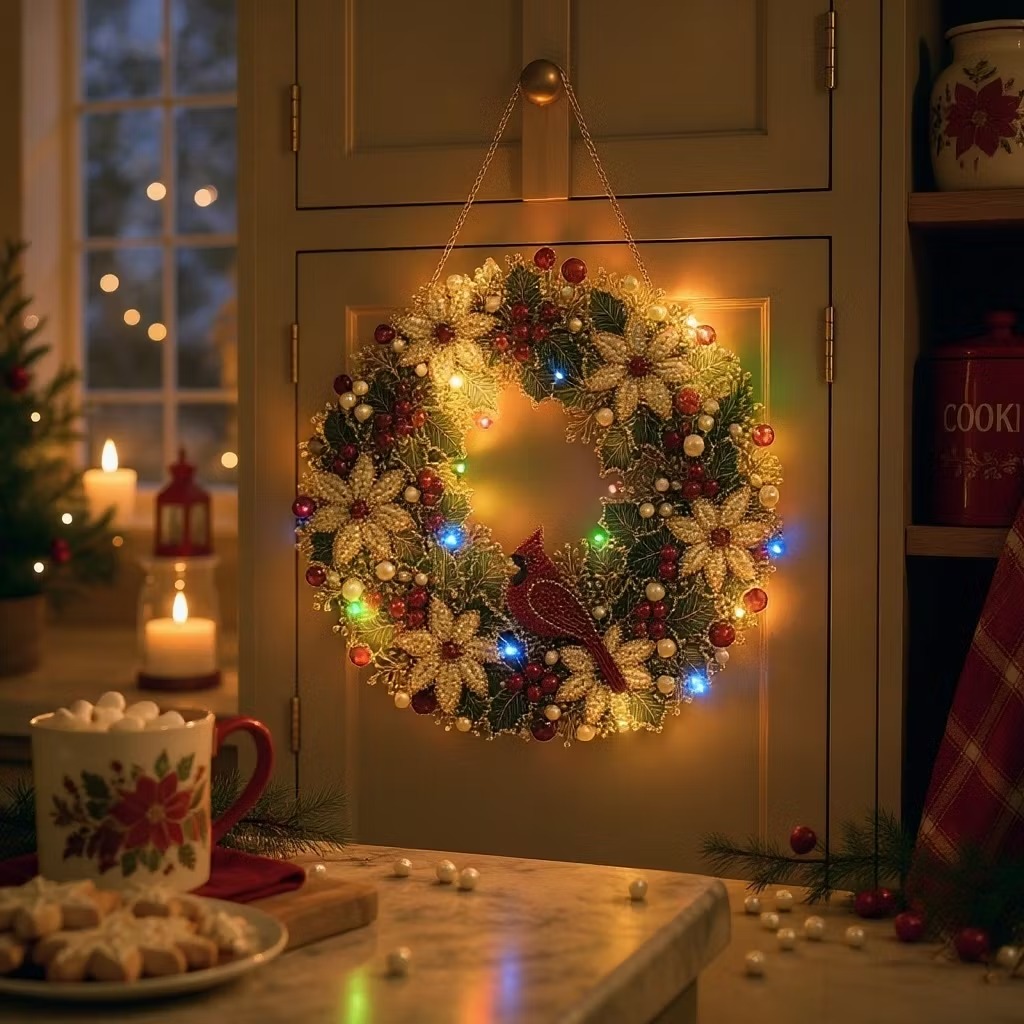 🐦LED Cardinal Wreath DIY Kit ✨Single-Sided Pearl Diamond Painting Ornament