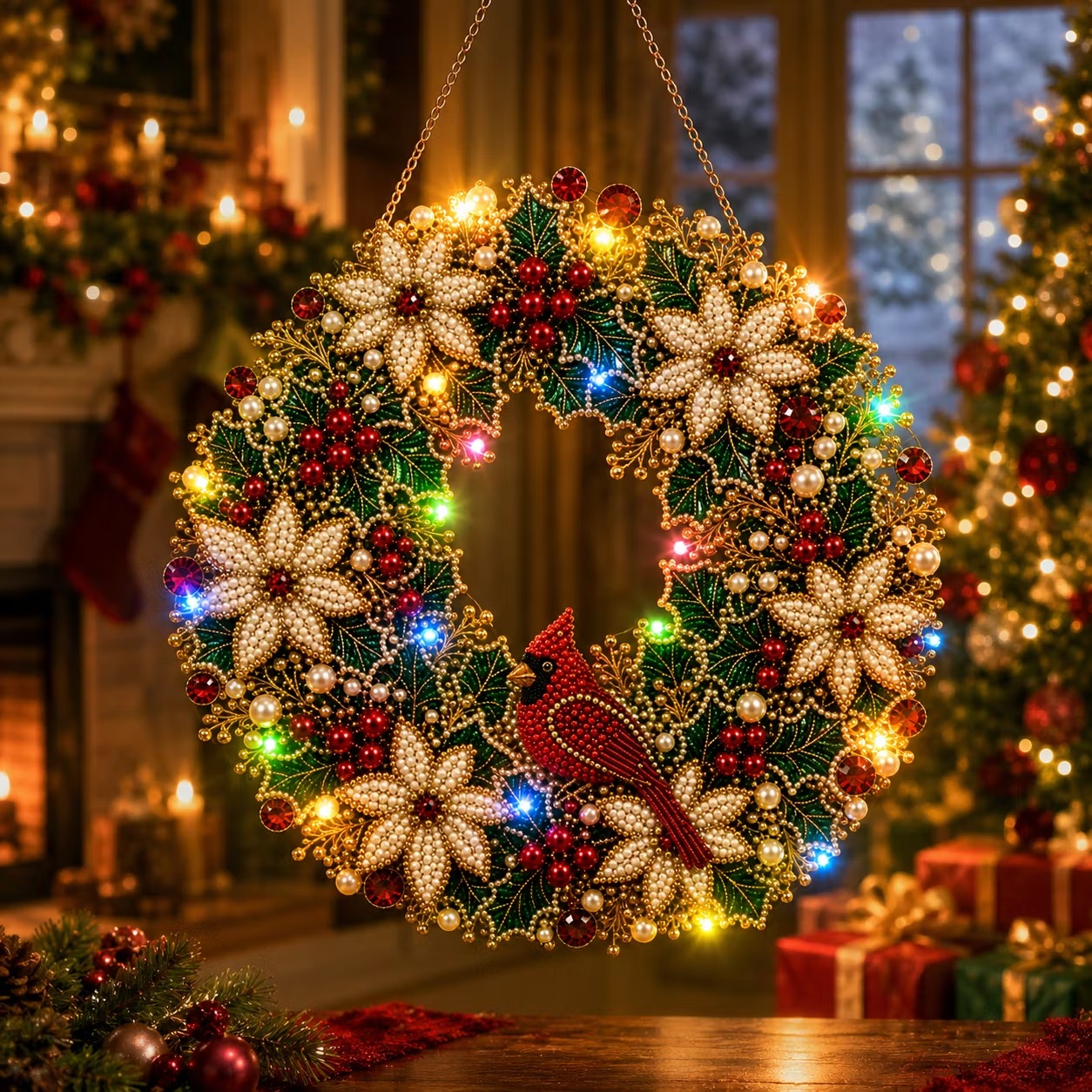 🐦LED Cardinal Wreath DIY Kit ✨Single-Sided Pearl Diamond Painting Ornament