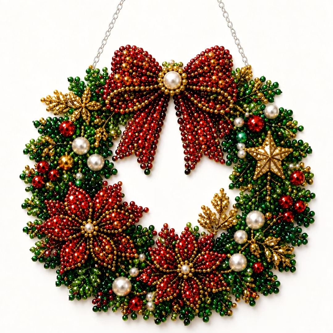 🎀LED Bow Wreath DIY Kit ✨Single-Sided Pearl Diamond Painting Ornament