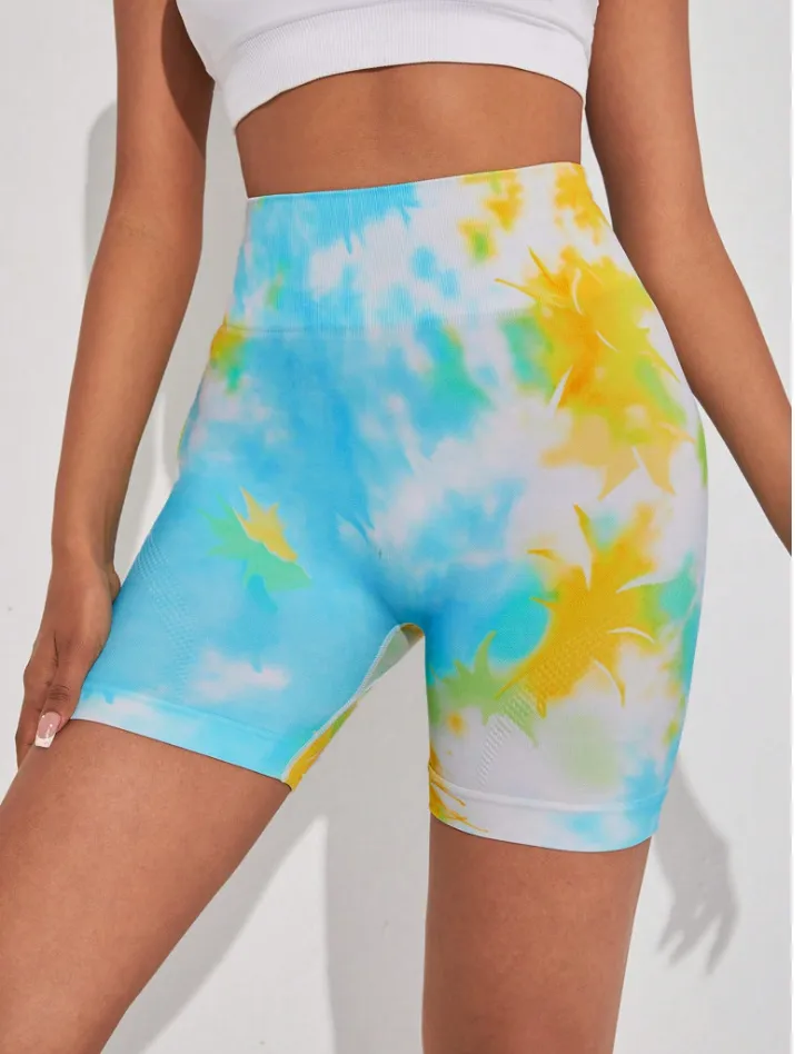 New Fashion Women Cool Tie-dye Print Yoga Shorts Breathable Quick-drying Running and Fitness High Waist Short Leggings
