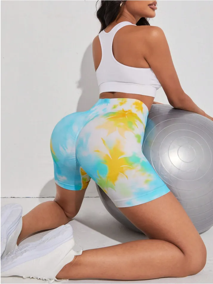 New Fashion Women Cool Tie-dye Print Yoga Shorts Breathable Quick-drying Running and Fitness High Waist Short Leggings