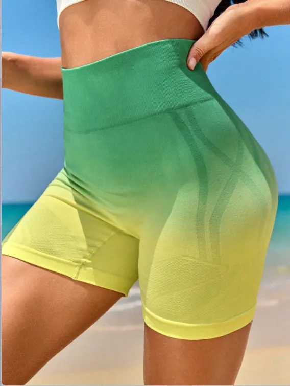Gradient Color Print Tight Elastic Short Yoga Pants Women Sexy Nakedness Lift The Hips Yoga Shorts Leggings for Running Fitness Sports