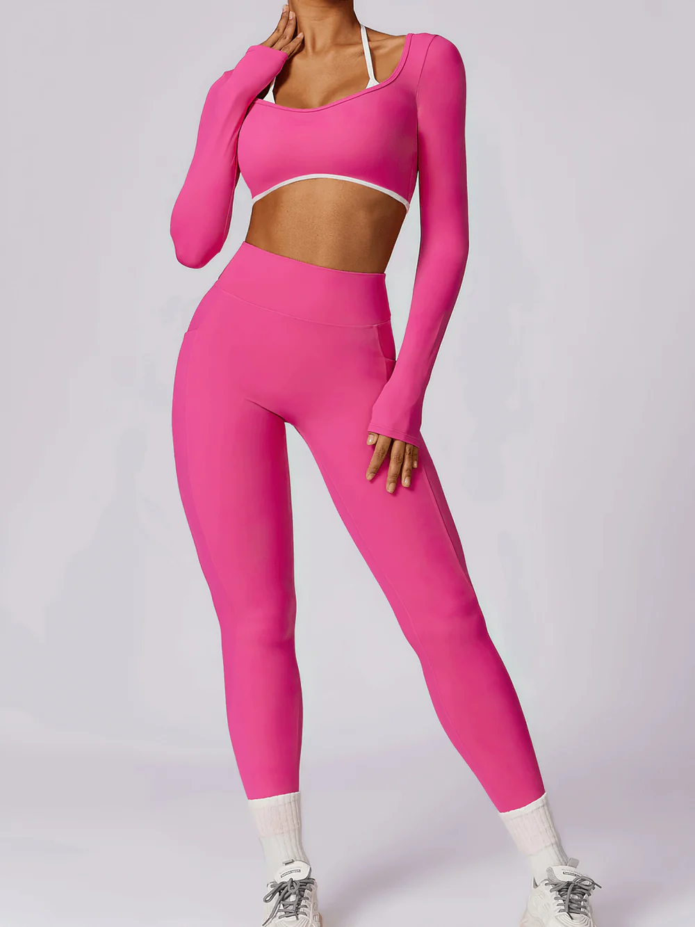 Women's Yoga Top Sports Long Sleeve with Chest Support And White Straps