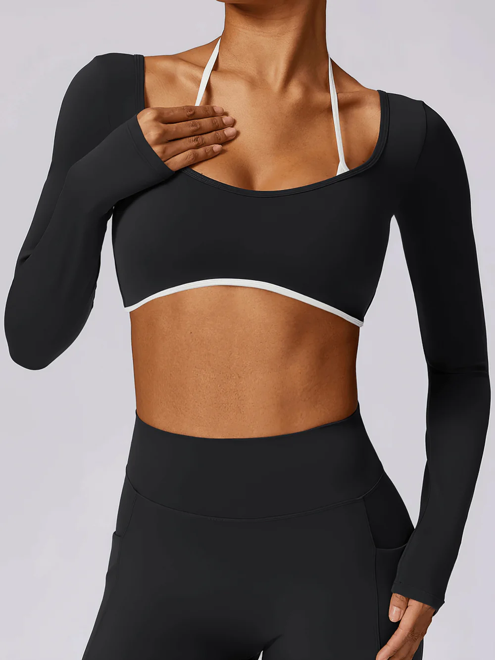 Women's Yoga Top Sports Long Sleeve with Chest Support And White Straps