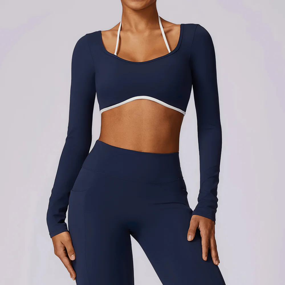 Women's Yoga Top Sports Long Sleeve with Chest Support And White Straps