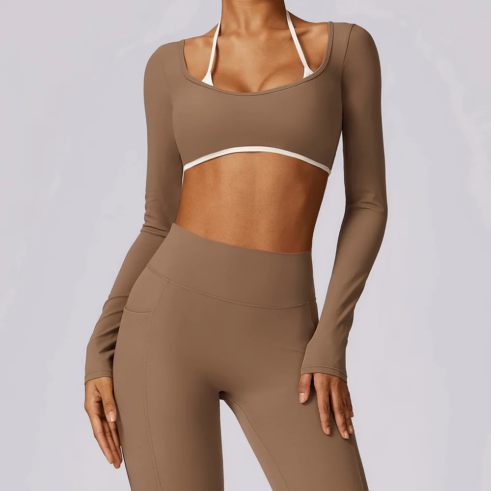 Women's Yoga Top Sports Long Sleeve with Chest Support And White Straps