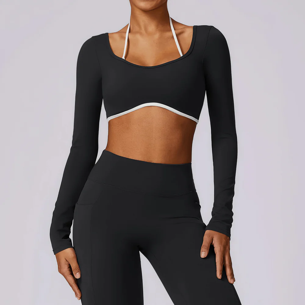 Women's Yoga Top Sports Long Sleeve with Chest Support And White Straps