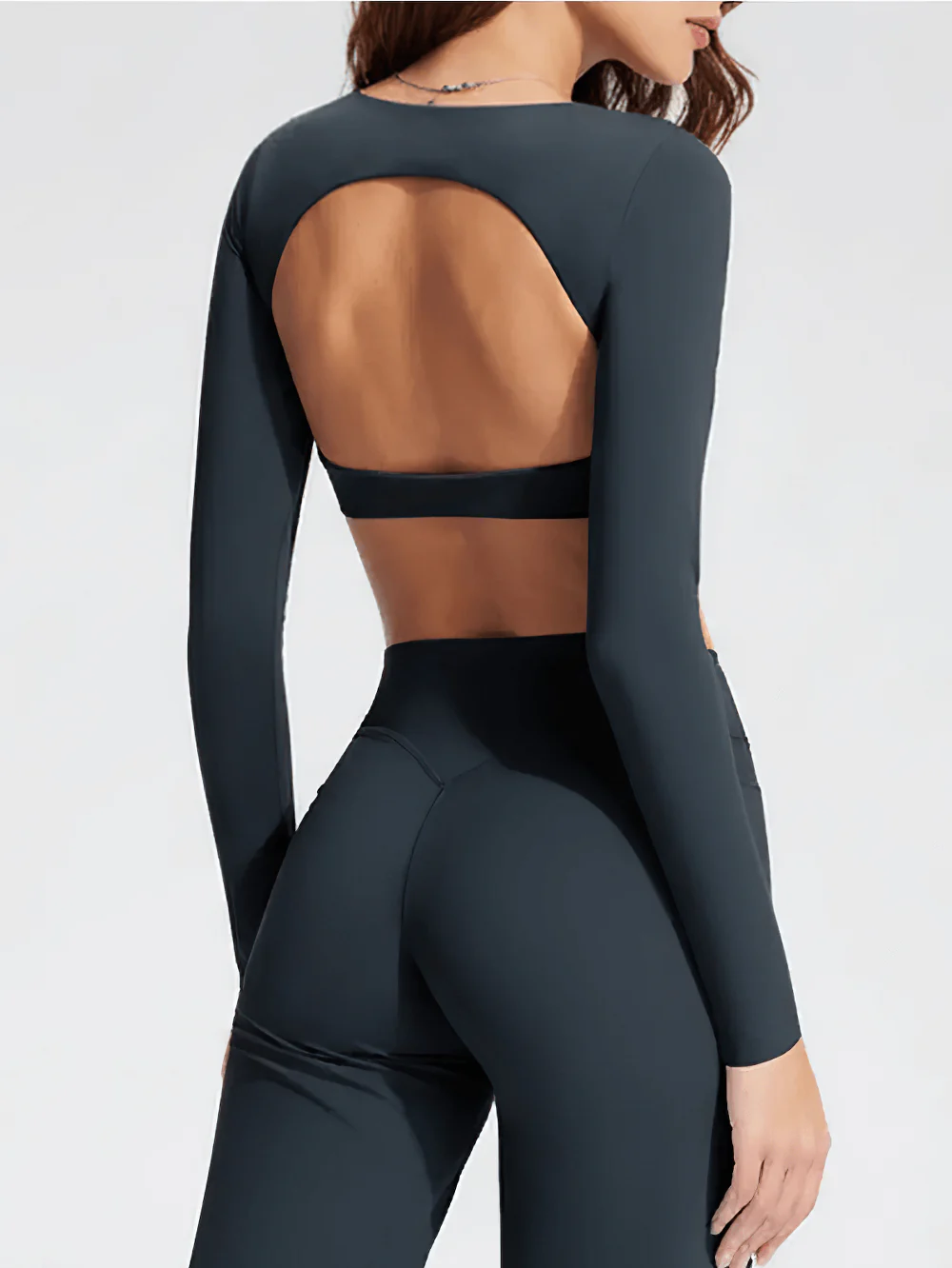 Long Sleeve Women's Sports Elastic Crop Top Female Yoga Top with Open Back and Wrap Tie