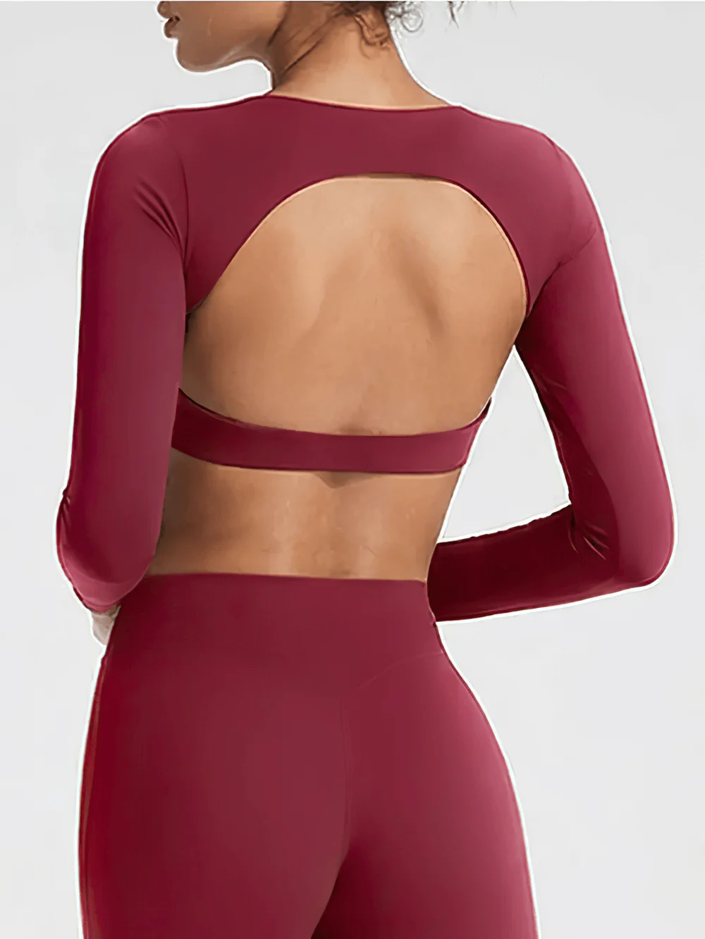 Long Sleeve Women's Sports Elastic Crop Top Female Yoga Top with Open Back and Wrap Tie