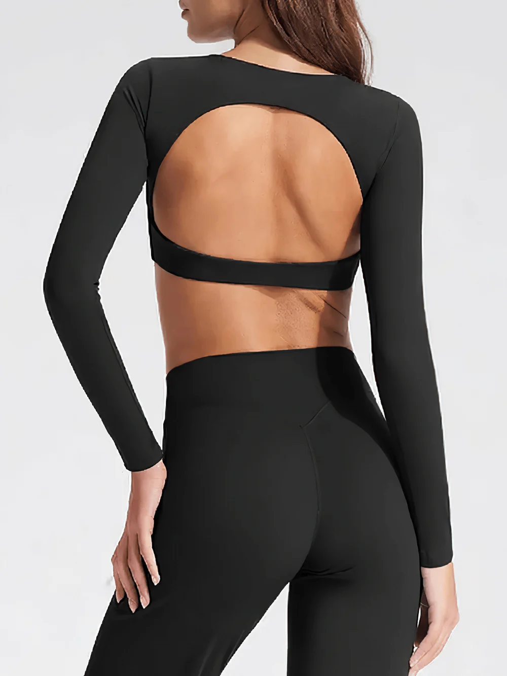 Long Sleeve Women's Sports Elastic Crop Top Female Yoga Top with Open Back and Wrap Tie