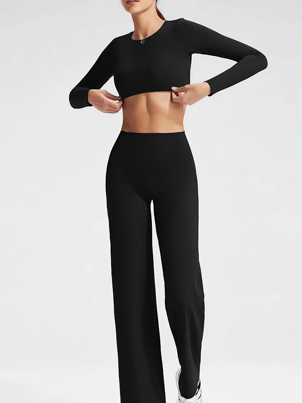 Long Sleeve Women's Sports Elastic Crop Top Female Yoga Top with Open Back and Wrap Tie