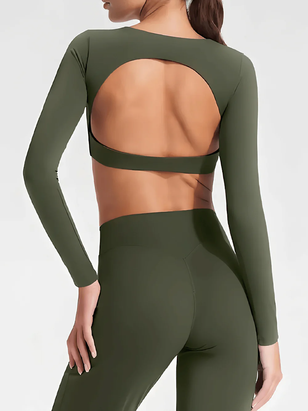 Long Sleeve Women's Sports Elastic Crop Top Female Yoga Top with Open Back and Wrap Tie