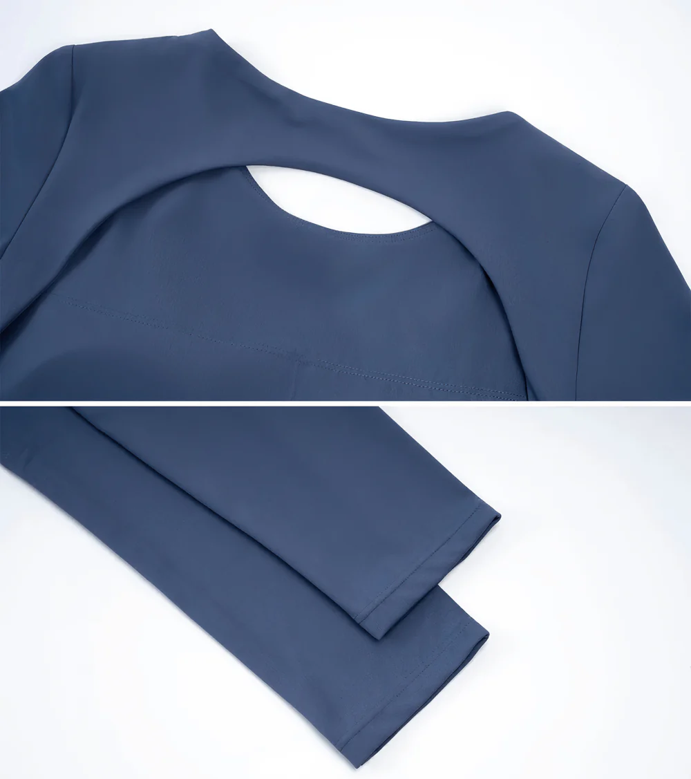 Long Sleeve Women's Sports Elastic Crop Top Female Yoga Top with Open Back and Wrap Tie