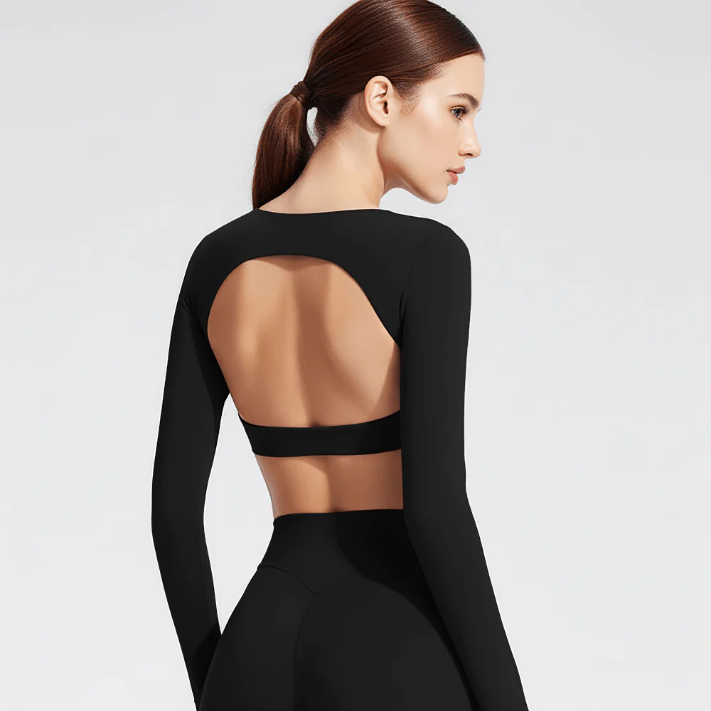 Long Sleeve Women's Sports Elastic Crop Top Female Yoga Top with Open Back and Wrap Tie