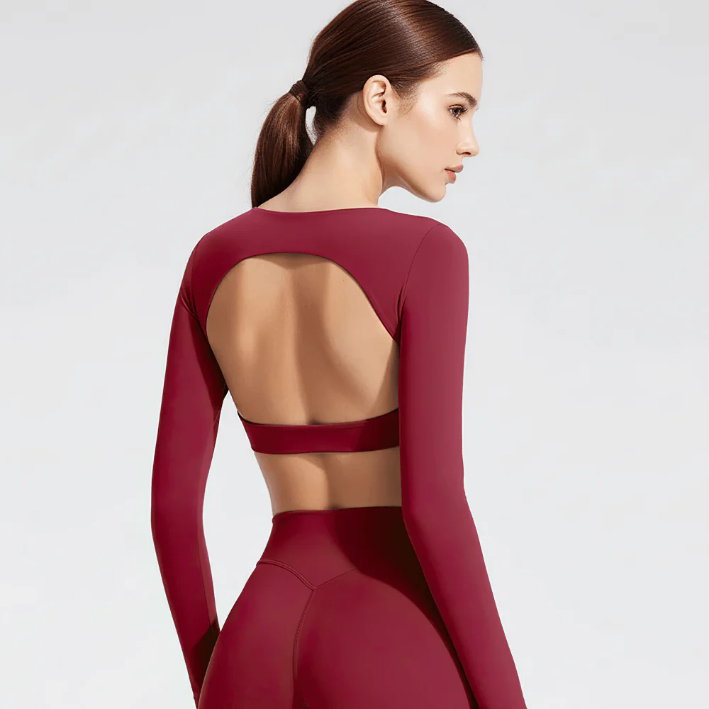 Long Sleeve Women's Sports Elastic Crop Top Female Yoga Top with Open Back and Wrap Tie