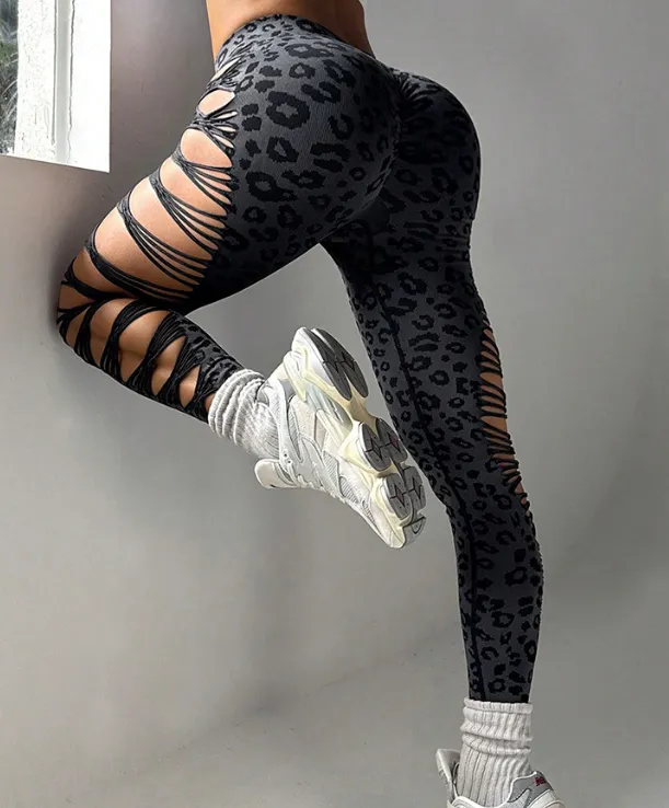 New Unique Women Sexy Skinny Leopard Yoga Pants High Waist Elastic Hollow Out Leggings for Fitness Sports