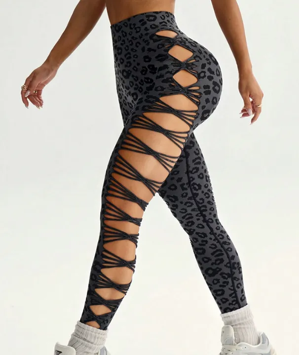 New Unique Women Sexy Skinny Leopard Yoga Pants High Waist Elastic Hollow Out Leggings for Fitness Sports