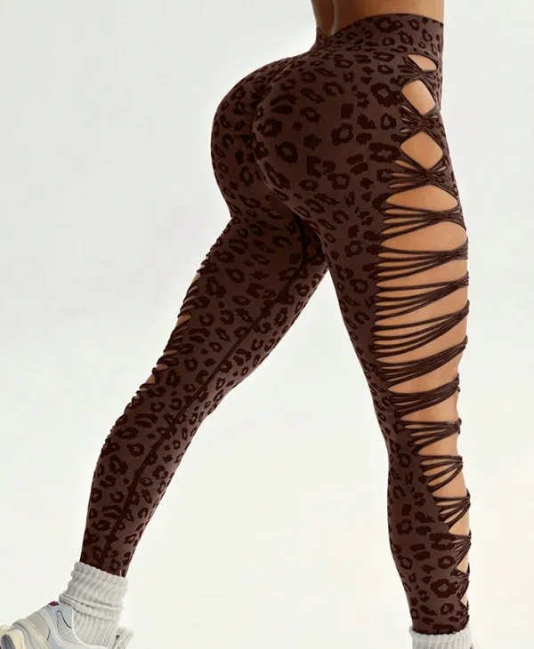 New Unique Women Sexy Skinny Leopard Yoga Pants High Waist Elastic Hollow Out Leggings for Fitness Sports