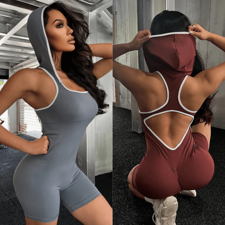 Seamless Hooded Backless Yoga Fitness Jumpsuit Rompers