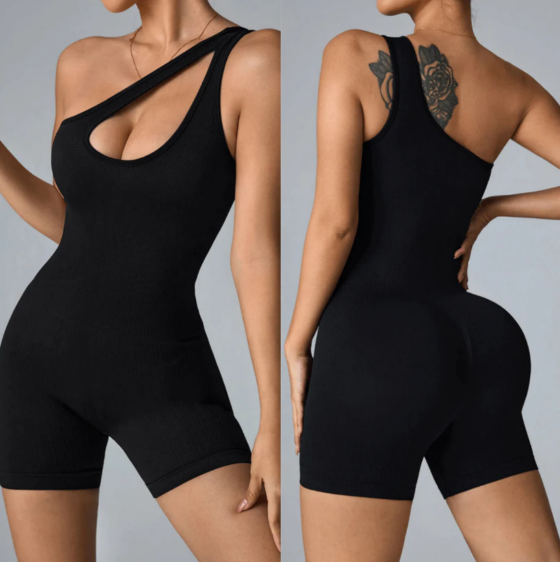Sexy One Shoulder Seamless Black Sport Jumpsuit Romper Yoga Fitness Onesies