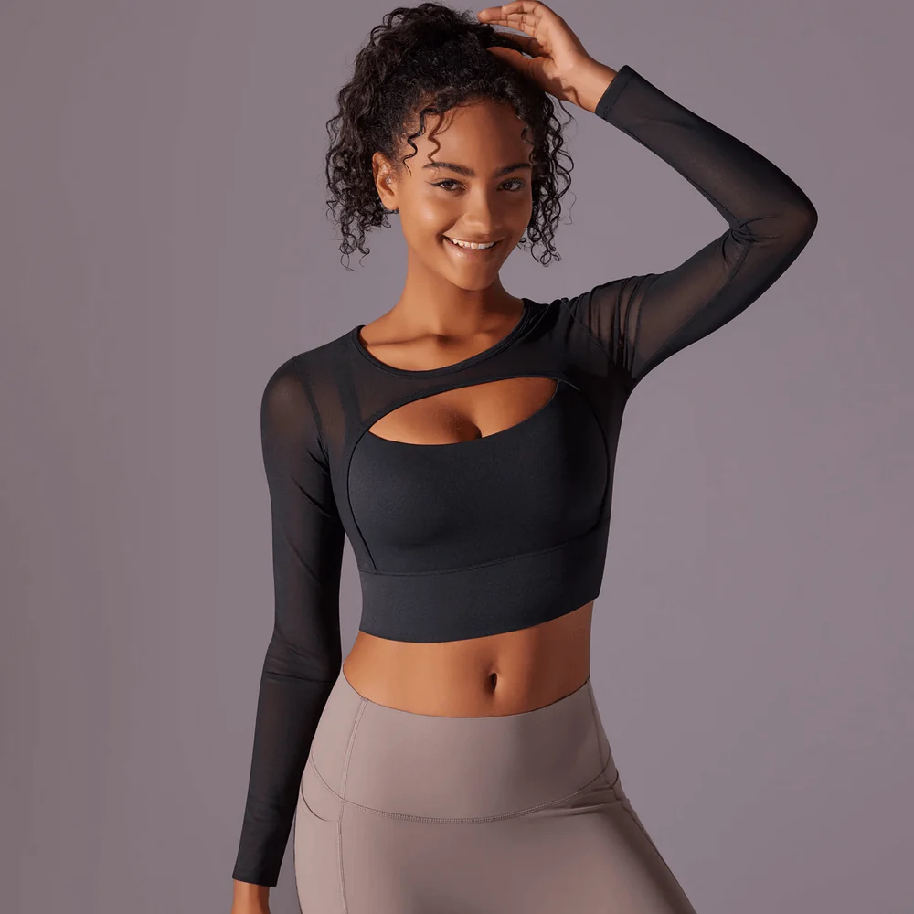 BURNCALORI Women’s Quick Dry Mesh Yoga Top with Chest Pads Stylish Breathable Yoga Crop Top for Active Women
