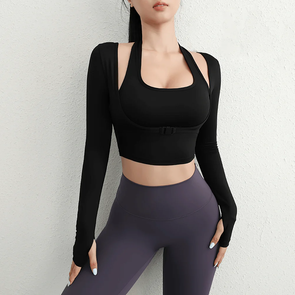 BURNCALORI Sports Women's Top Fashionable Long Sleeve Activewear Women's High Stretch Long Sleeve Yoga Crop Top Set