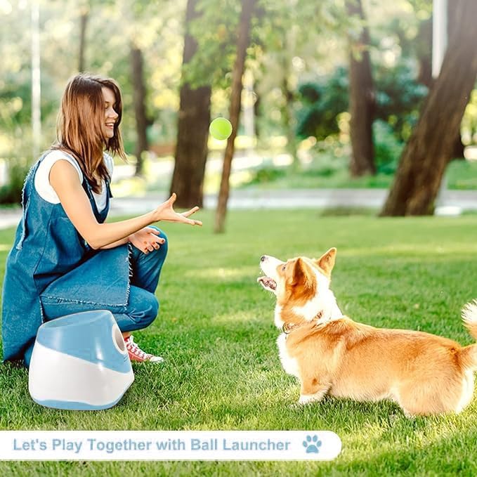 Automatic Dog Ball Launcher with 3 Adjustable Launch Distances (10-30Ft) – Interactive Fetch Toy for Small Dogs, Indoor & Outdoor, Includes 15 Mini Tennis Balls (2 inch)