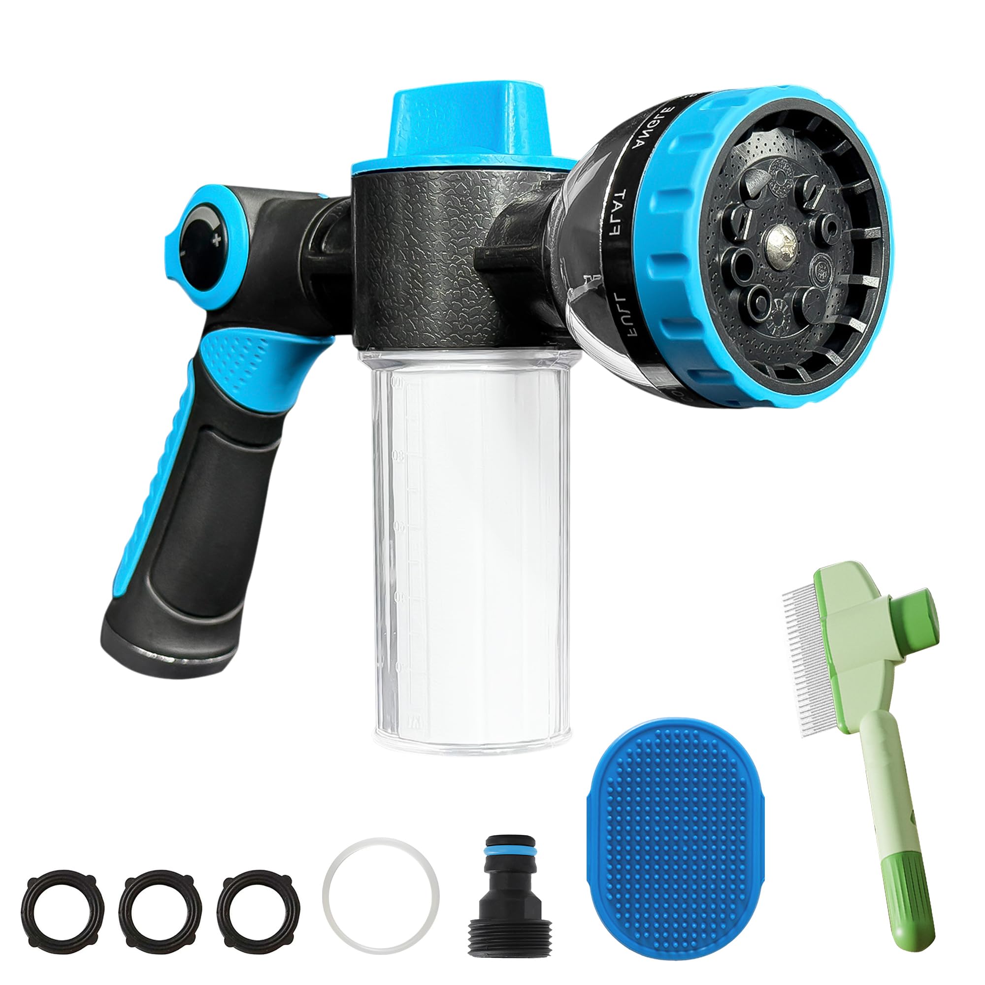 10-in-1 Dog Washing Hose Attachment – Soap Sprayer Nozzle with Foam Dispenser, Dog Bath Brush & Pet Comb for Easy Pet Cleaning