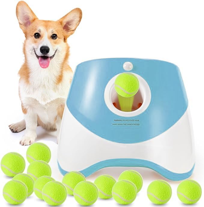 Automatic Dog Ball Launcher with 3 Adjustable Launch Distances (10-30Ft) – Interactive Fetch Toy for Small Dogs, Indoor & Outdoor, Includes 15 Mini Tennis Balls (2 inch)