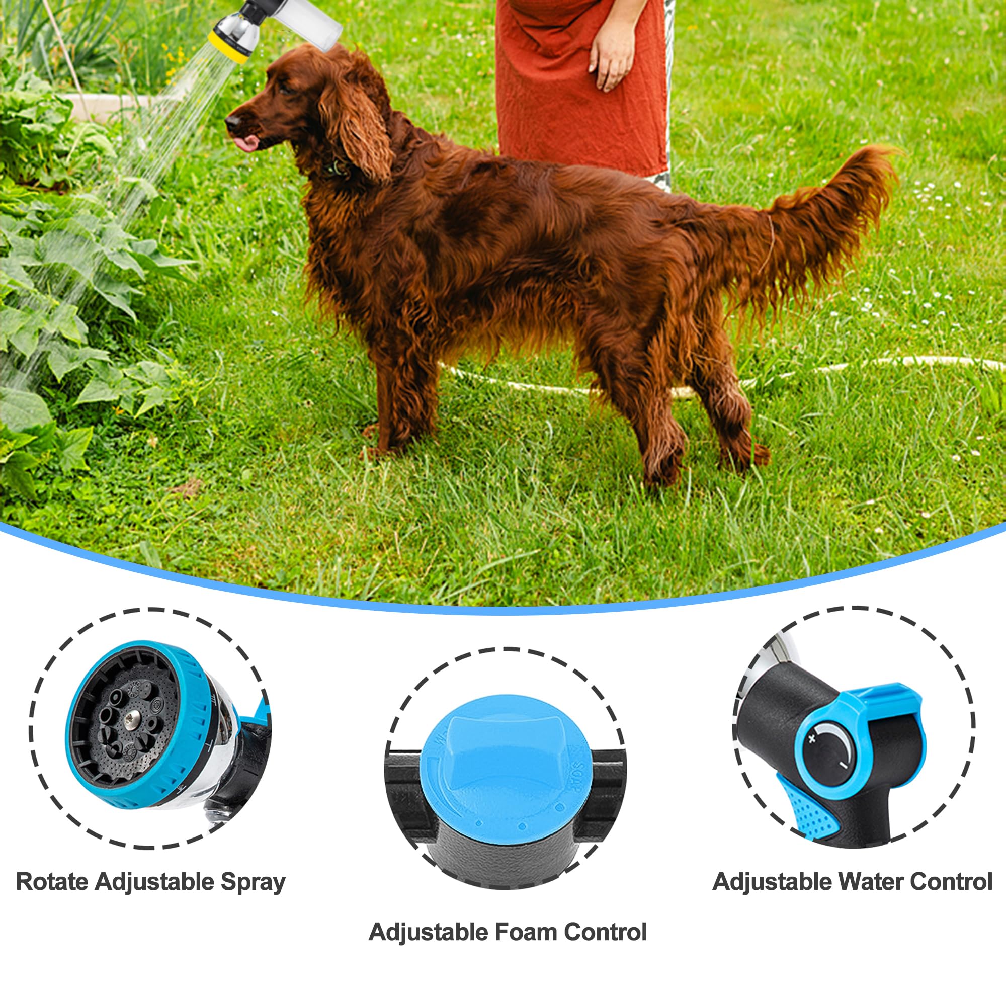 10-in-1 Dog Washing Hose Attachment – Soap Sprayer Nozzle with Foam Dispenser, Dog Bath Brush & Pet Comb for Easy Pet Cleaning