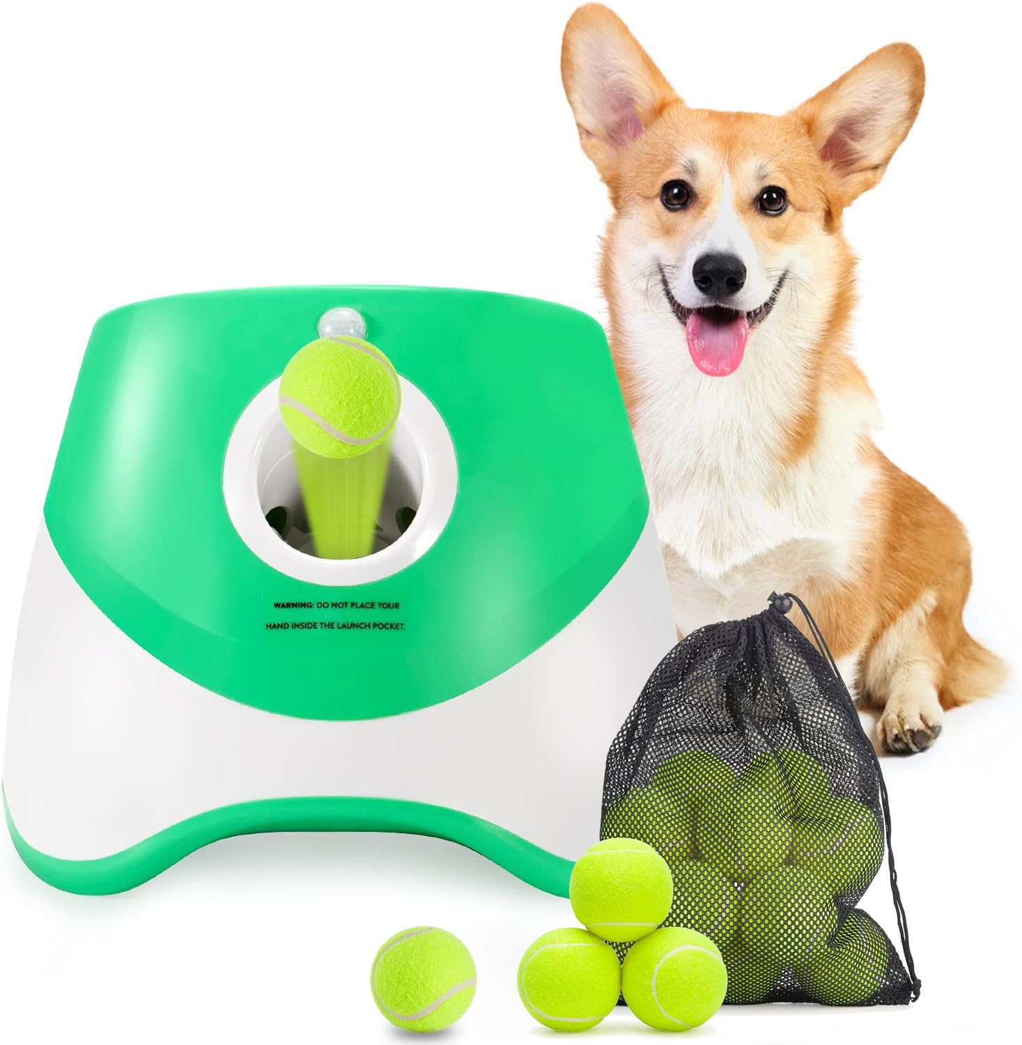 Automatic Dog Ball Launcher with 3 Adjustable Launch Distances (10-30Ft) – Interactive Fetch Toy for Small Dogs, Indoor & Outdoor, Includes 15 Mini Tennis Balls (2 inch)
