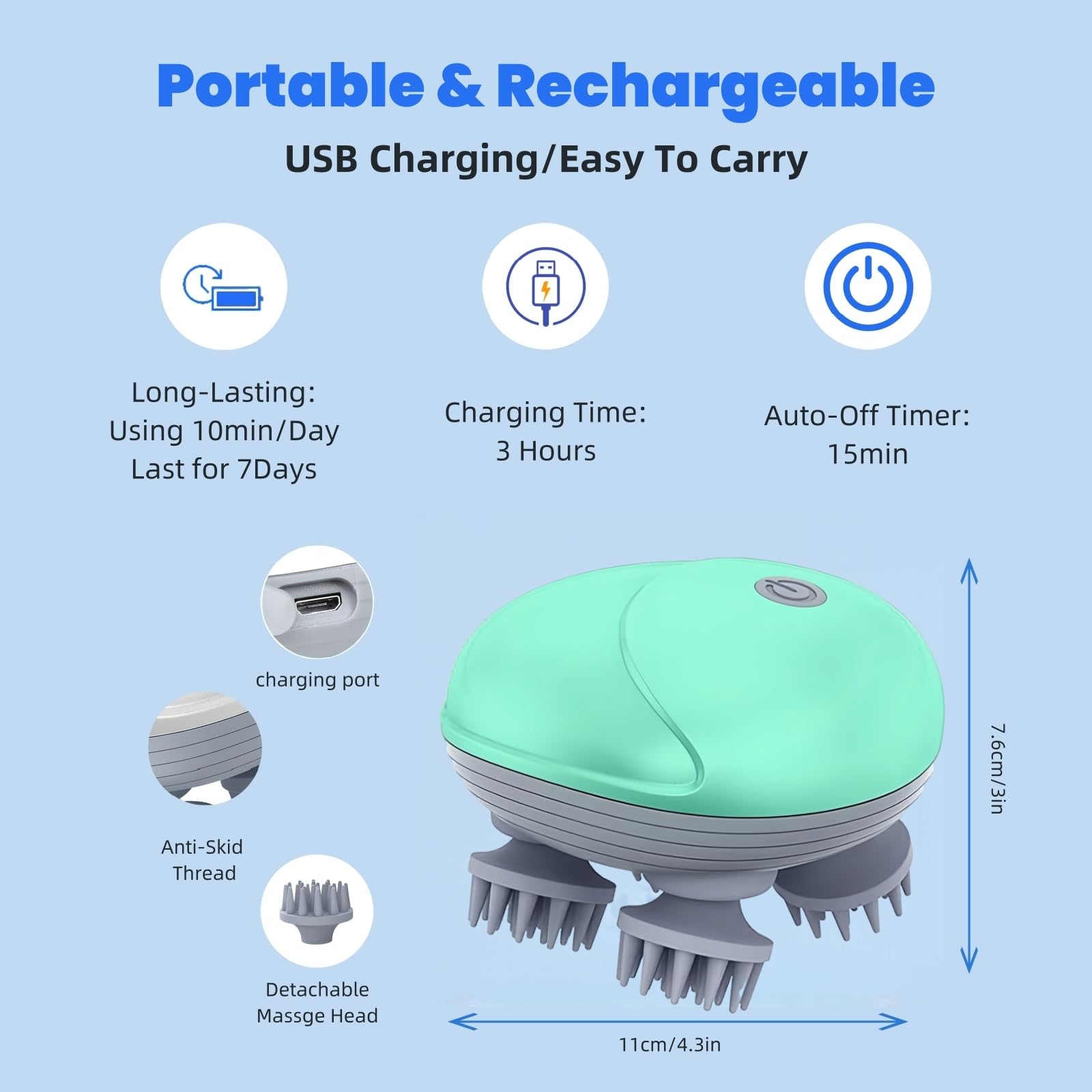 Electric Scalp & Pet Massager – Waterproof Handheld Head Massager with 4 Massage Heads & 3 Speed Modes for Relaxation & Stress Relief