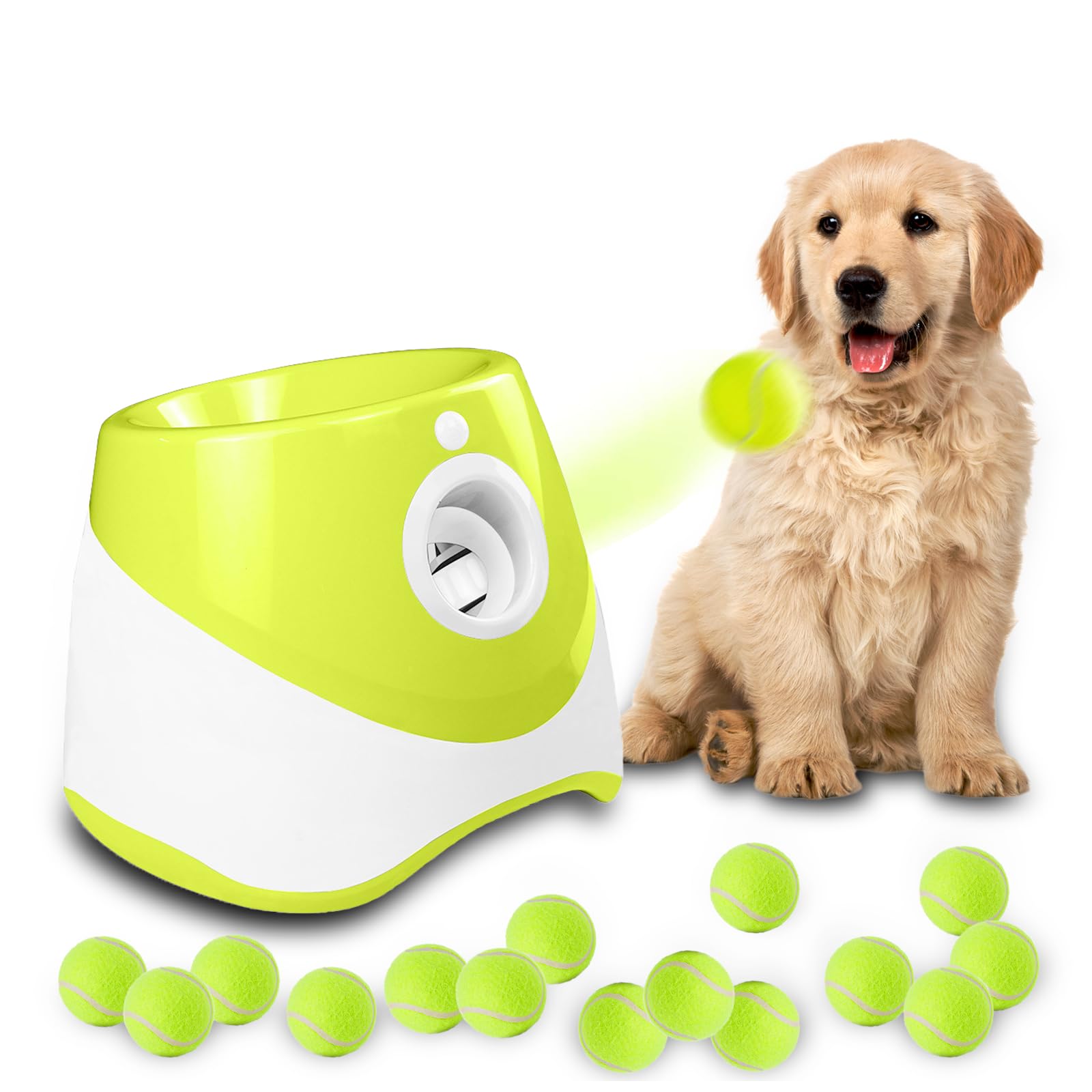 Automatic Dog Ball Launcher with 3 Adjustable Launch Distances (10-30Ft) – Interactive Fetch Toy for Small Dogs, Indoor & Outdoor, Includes 15 Mini Tennis Balls (2 inch)