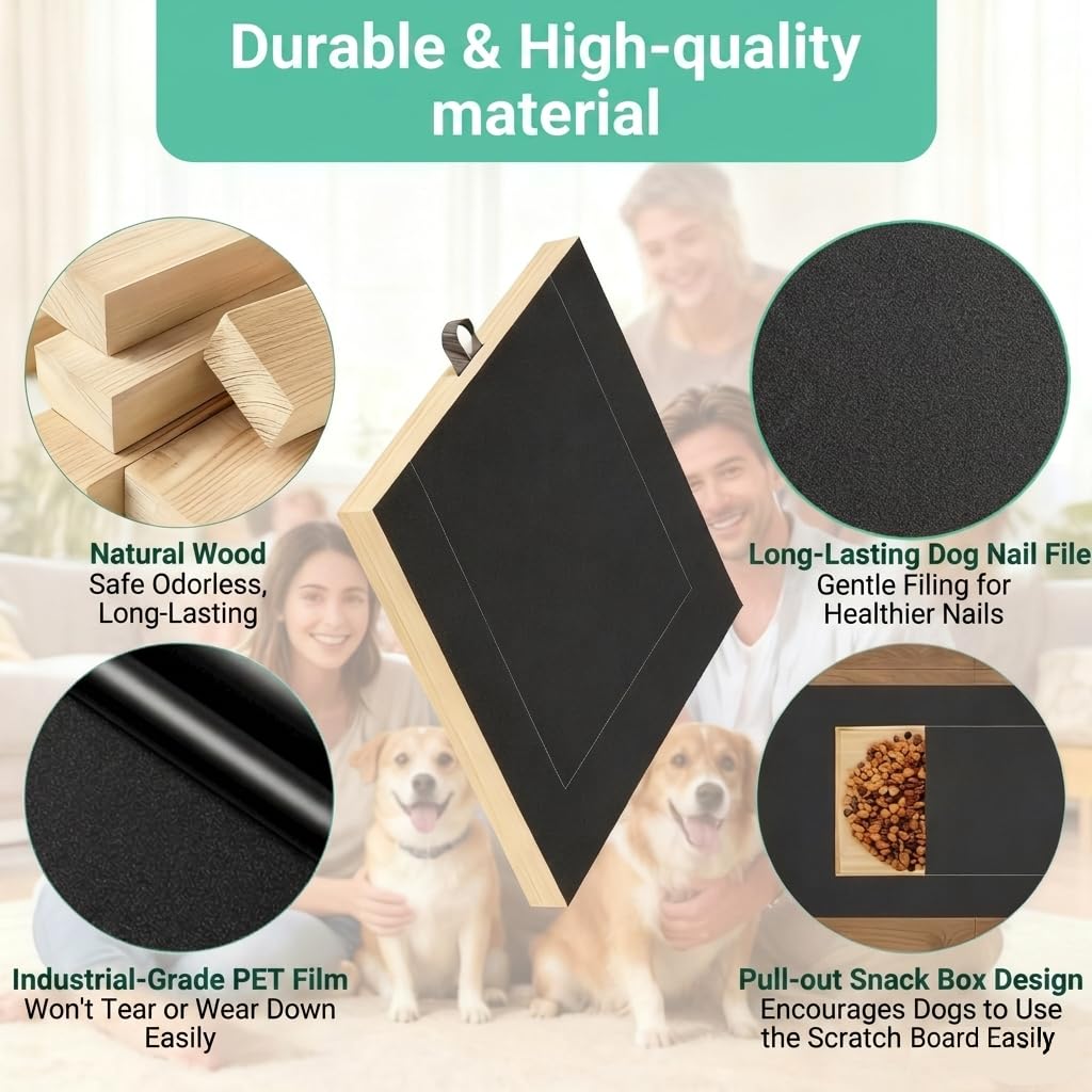 Dog Nail Scratch Board with Treat Box – Stress-Free Wooden Nail File Pad for Dogs with Replacement Sandpaper & Interactive Training
