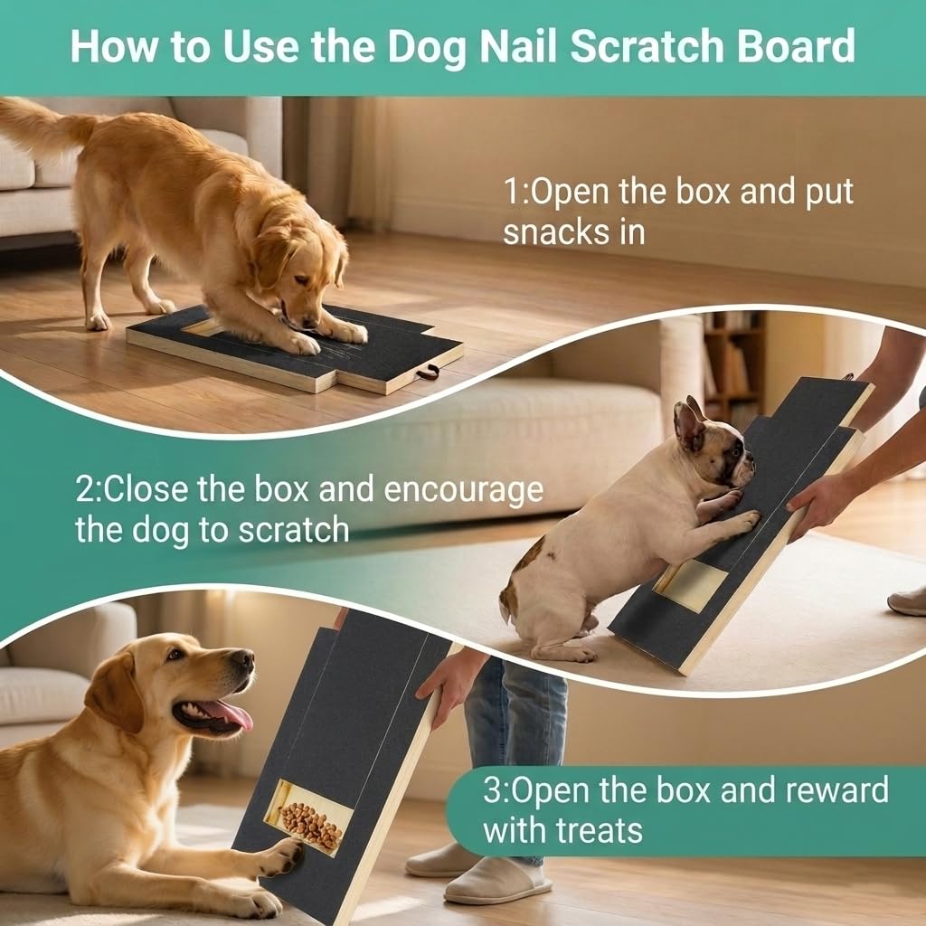 Dog Nail Scratch Board with Treat Box – Stress-Free Wooden Nail File Pad for Dogs with Replacement Sandpaper & Interactive Training