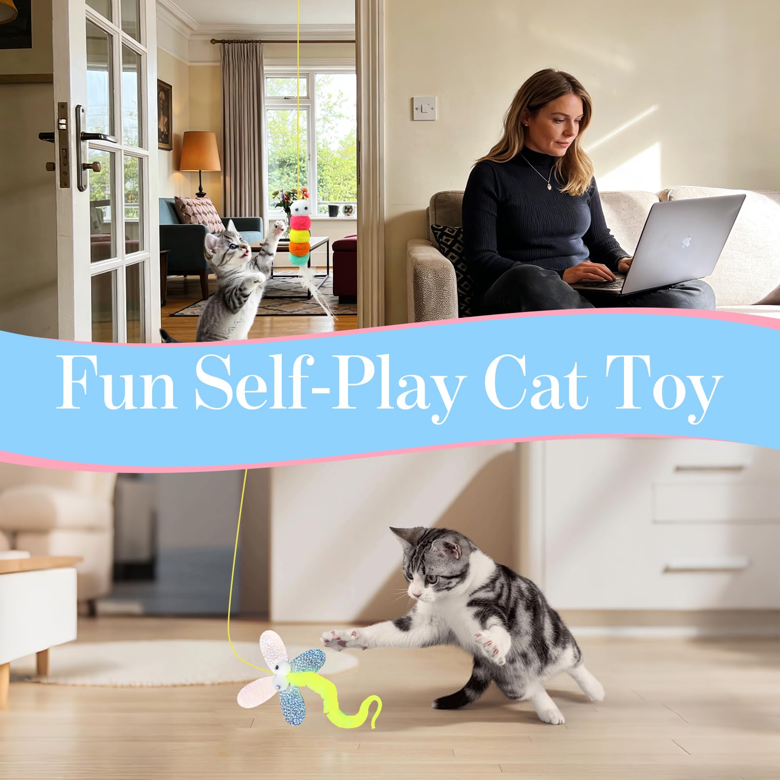 Automatic Door Frame Cat Toy – Interactive Hanging String Toy with 3 Attachments, USB Rechargeable