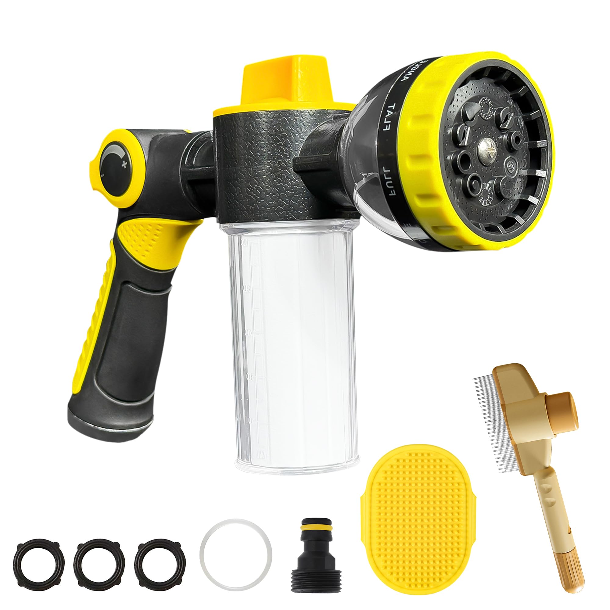 10-in-1 Dog Washing Hose Attachment – Soap Sprayer Nozzle with Foam Dispenser, Dog Bath Brush & Pet Comb for Easy Pet Cleaning