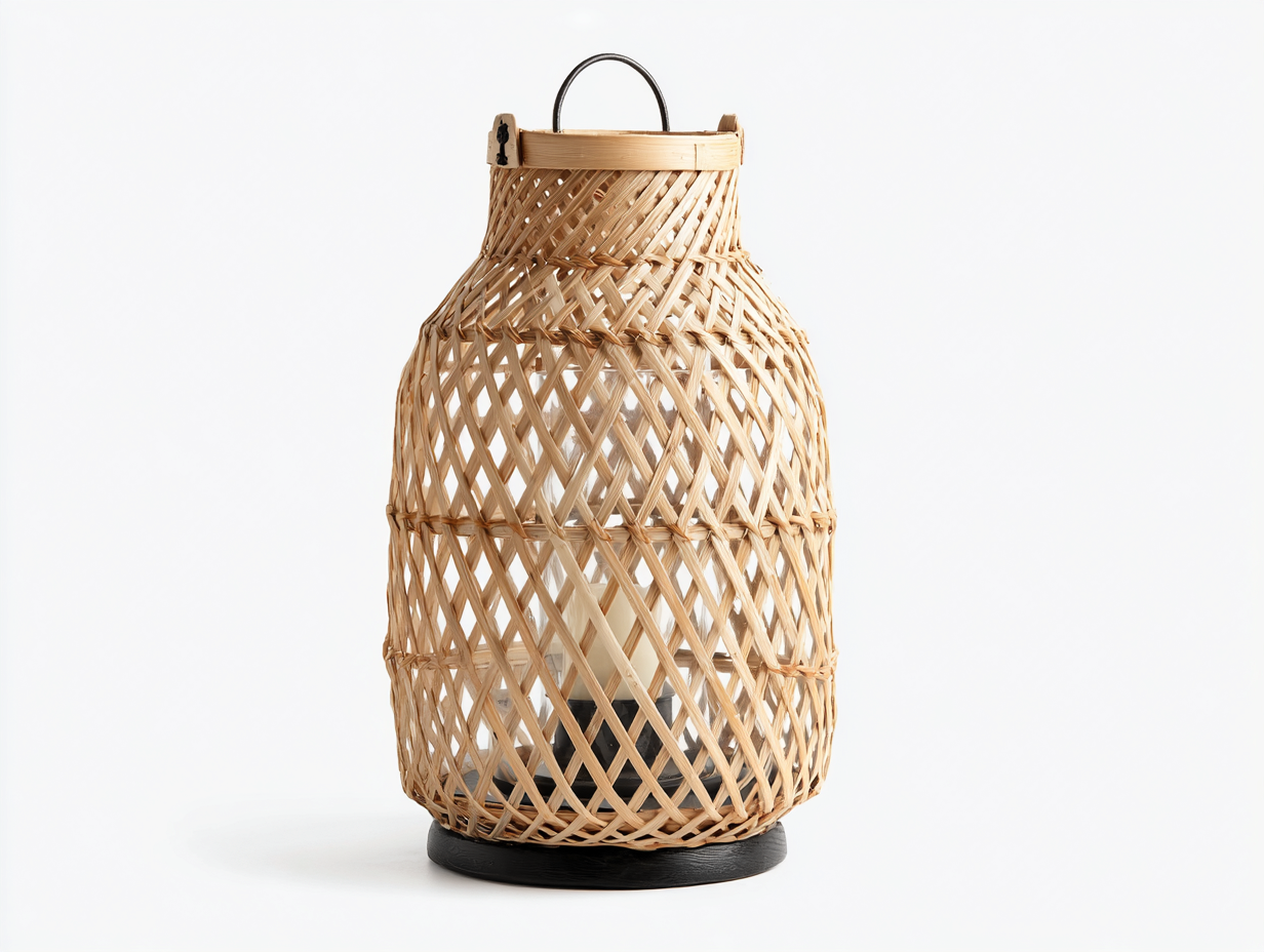 Farol de exterior - ratán tejido y base metálica - 30x30x45 cm - natural y negro - estilo decorativo para terraza-Cottagetnest